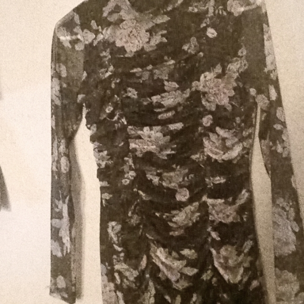 A French kiss body fitting rayon and sheer long sleeve gathered front mini dress